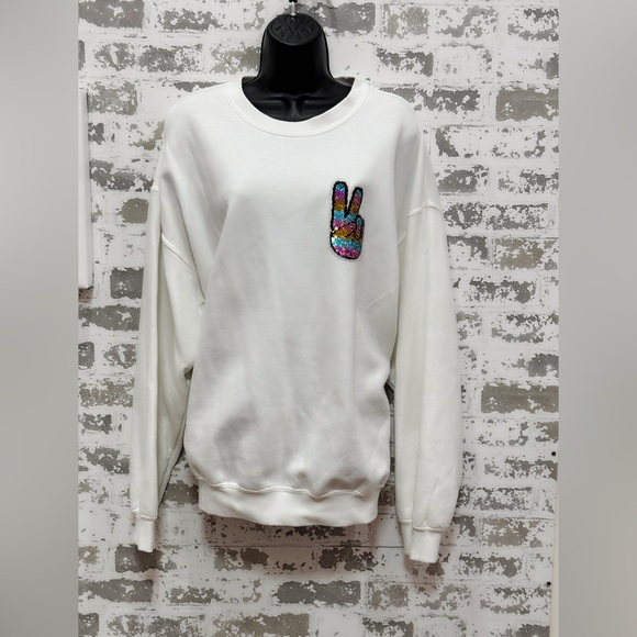 Sequin Peace Sweatshirt – White Sweatshirt with Sparkle Peace Sign - Picture 3 of 5